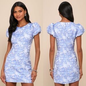 Lulus | Exceptional Icon Blue Floral Jacquard Puff Sleeve Mini Dress